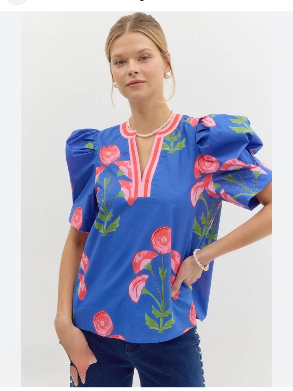 Entro’ -Blue with pink  Floral  Print with Striped Notched V neck Blouse